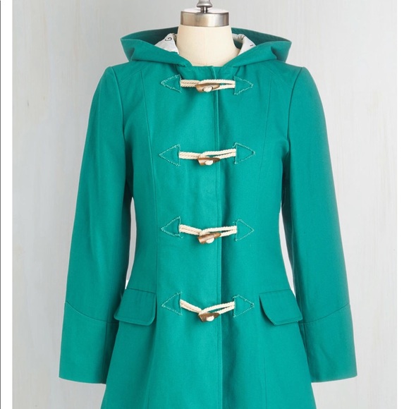 NWOT Stylish teal canvas ModCloth hooded raincoat - Picture 4 of 4